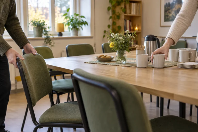 Förberedelser med stolar och koppar i en samlingslokal.